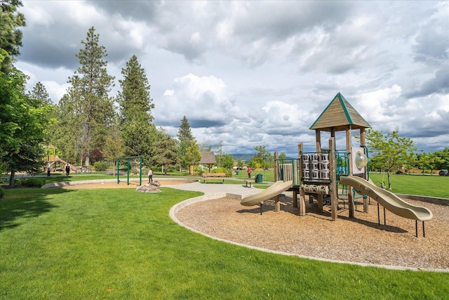 view of jungle gym with a yard