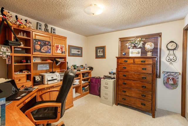 office area with light colored carpet and a textured ceiling