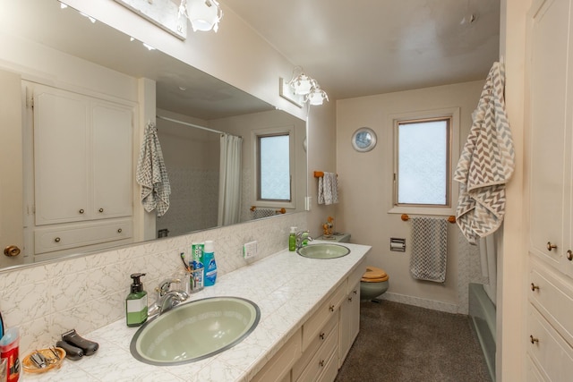 full bathroom with decorative backsplash, vanity, toilet, and shower / bathtub combination with curtain