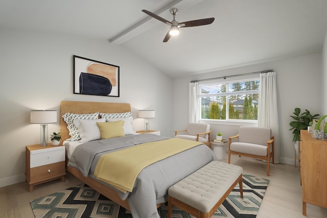 bedroom featuring vaulted ceiling with beams, ceiling fan, and light hardwood / wood-style flooring