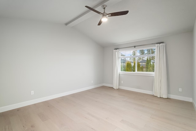 empty room with vaulted ceiling with beams, ceiling fan, and light wood-type flooring