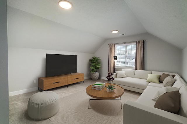 living room with carpet and lofted ceiling