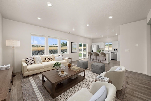 living room featuring a textured ceiling, dark hardwood / wood-style floors, and sink