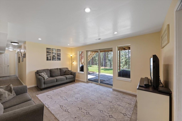 living room with light hardwood / wood-style flooring