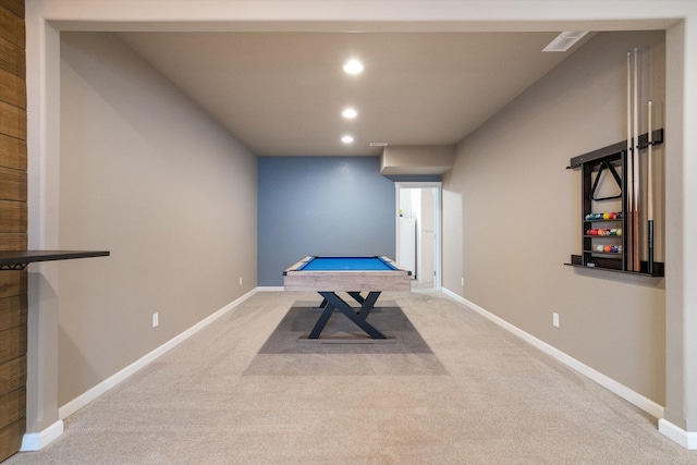 game room with light colored carpet and pool table