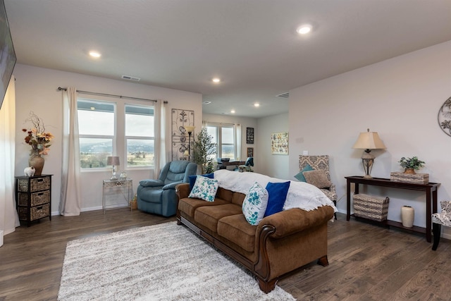 living room with dark hardwood / wood-style flooring