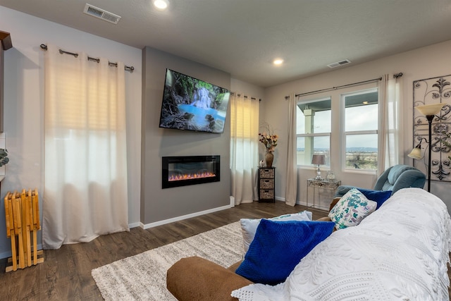 living room featuring dark wood-type flooring