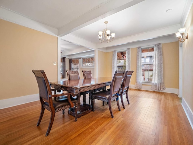 dining area featuring beam ceiling, light wood-type flooring, and a notable chandelier