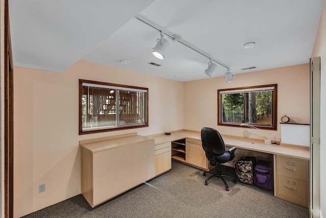 office space featuring light carpet, built in desk, and track lighting