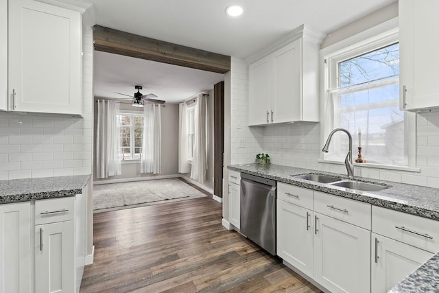 kitchen featuring dishwasher, white cabinets, sink, ceiling fan, and dark hardwood / wood-style flooring