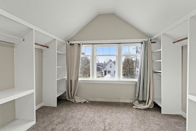 walk in closet featuring carpet floors and lofted ceiling