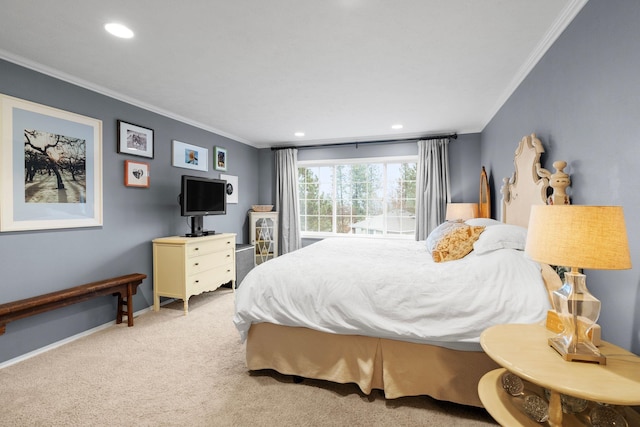 carpeted bedroom with crown molding