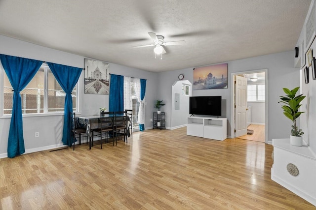 living room with ceiling fan, a healthy amount of sunlight, a textured ceiling, and light hardwood / wood-style flooring