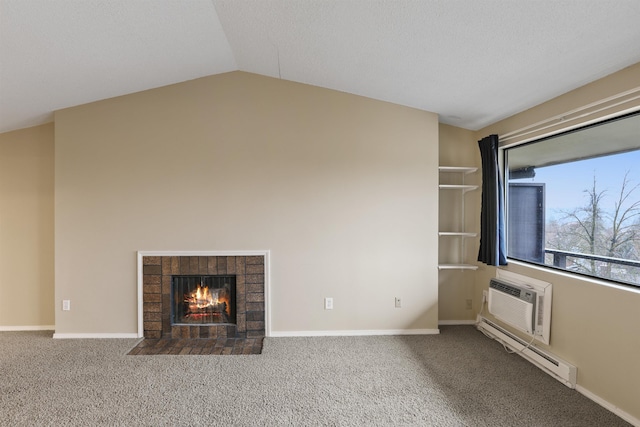 unfurnished living room featuring a wall mounted air conditioner, lofted ceiling, a baseboard heating unit, carpet flooring, and a fireplace