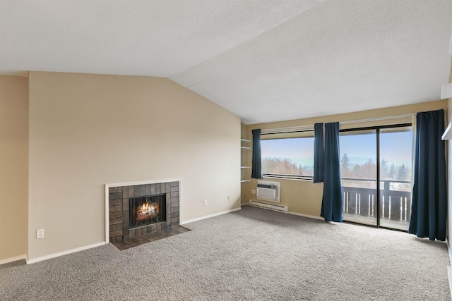 unfurnished living room with carpet, a wall mounted air conditioner, lofted ceiling, and a tiled fireplace