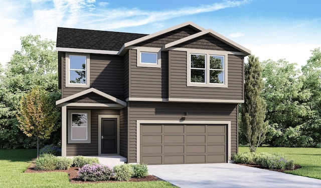 view of front facade featuring a garage and a front lawn