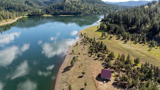 bird's eye view featuring a water and mountain view