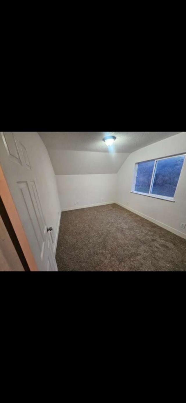 carpeted empty room featuring vaulted ceiling