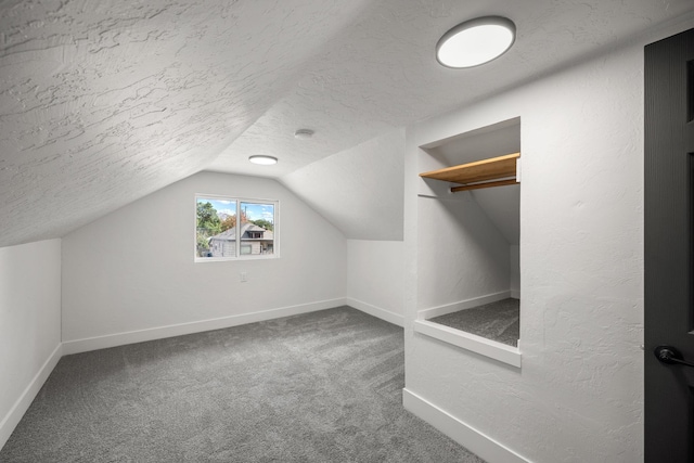 additional living space with carpet flooring, a textured ceiling, and vaulted ceiling