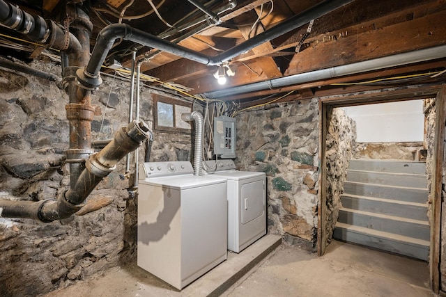 basement featuring separate washer and dryer and electric panel