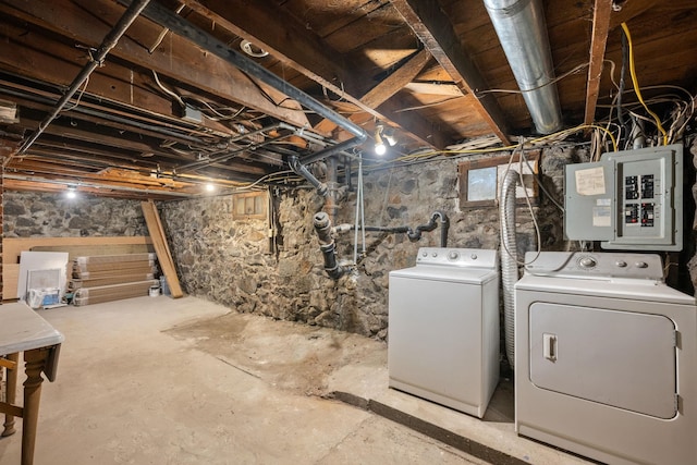 basement featuring independent washer and dryer and electric panel