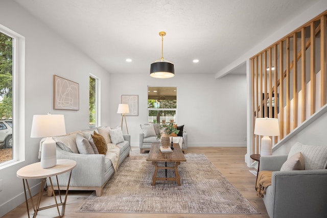 living room featuring plenty of natural light and light hardwood / wood-style flooring