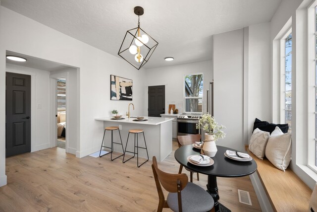 dining space featuring light hardwood / wood-style floors and a notable chandelier