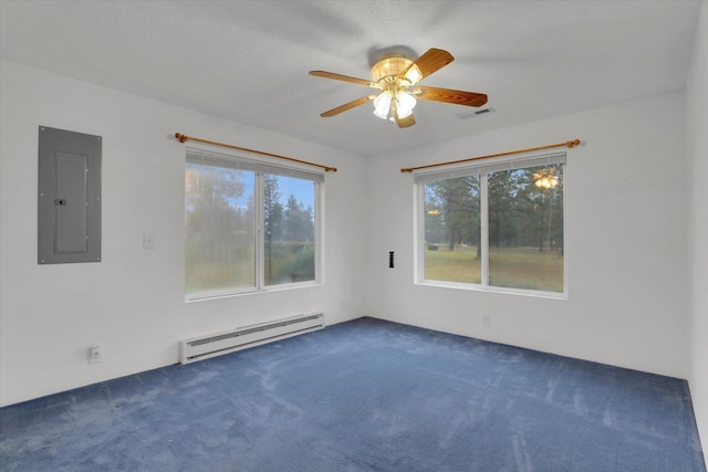 carpeted empty room with baseboard heating, electric panel, and ceiling fan