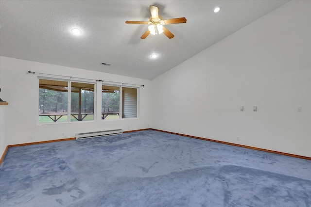 carpeted empty room featuring a textured ceiling, ceiling fan, a baseboard radiator, and vaulted ceiling