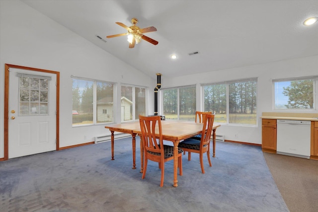 dining room with carpet floors, high vaulted ceiling, baseboard heating, and ceiling fan