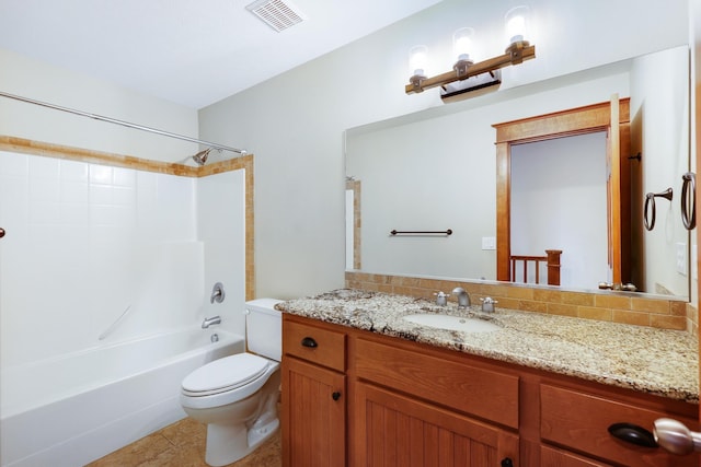 full bathroom with tile patterned flooring, vanity, shower / bathtub combination, and toilet