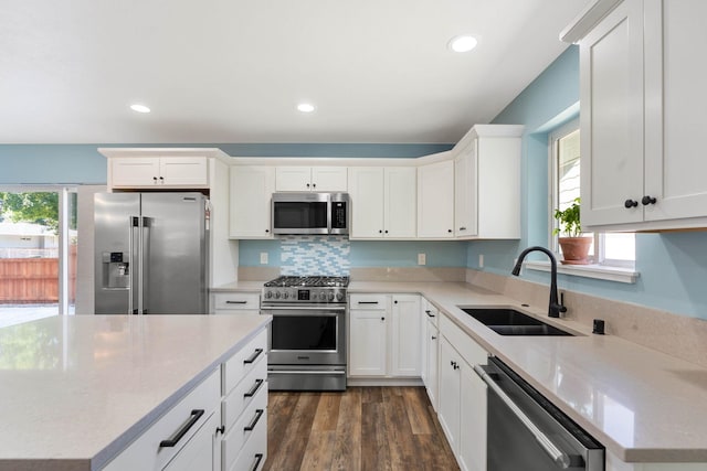 kitchen featuring sink, a healthy amount of sunlight, dark wood-type flooring, high quality appliances, and white cabinets