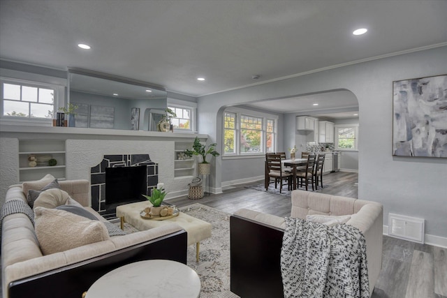 living room featuring crown molding, built in features, and a healthy amount of sunlight