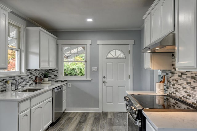 kitchen with ornamental molding, appliances with stainless steel finishes, sink, and white cabinets