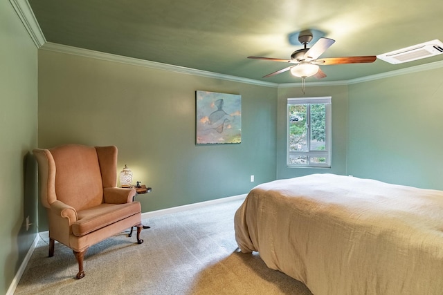 bedroom featuring carpet flooring, ceiling fan, and crown molding