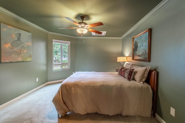 bedroom with carpet, ceiling fan, and ornamental molding