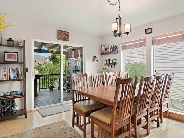 dining area with light hardwood / wood-style floors and a chandelier