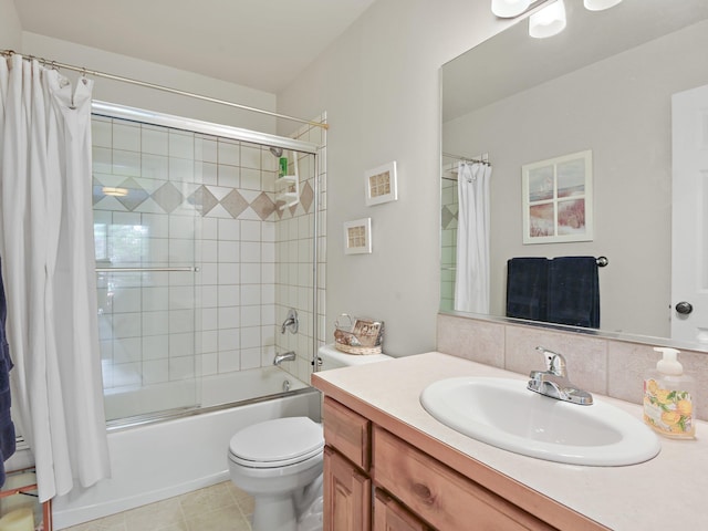 full bathroom featuring backsplash, tile patterned floors, vanity, shower / bathtub combination with curtain, and toilet