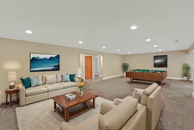 living room featuring light carpet and billiards