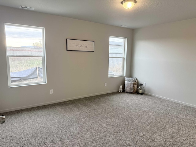 spare room featuring visible vents, a textured ceiling, baseboards, and carpet floors