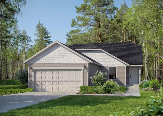 ranch-style house featuring a garage, a front yard, and driveway