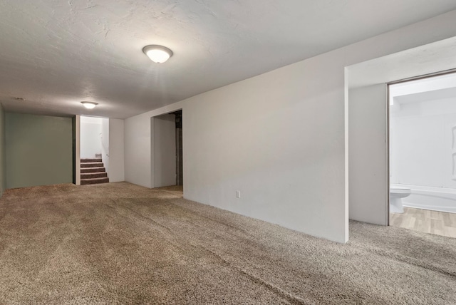 basement featuring carpet floors and a textured ceiling