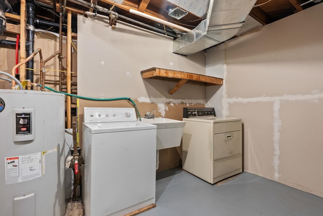 laundry area with washing machine and clothes dryer, sink, and water heater