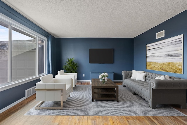 living room featuring hardwood / wood-style flooring and a textured ceiling