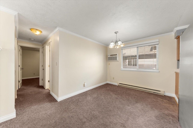 carpeted spare room featuring a textured ceiling, a chandelier, crown molding, and a baseboard heating unit