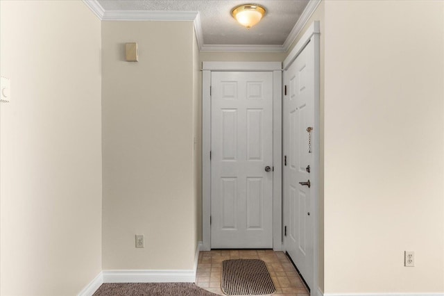 doorway to outside featuring light tile patterned floors, a textured ceiling, and ornamental molding