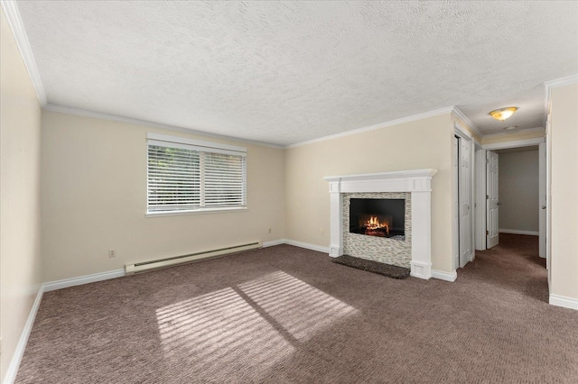 unfurnished living room with dark carpet, crown molding, and a baseboard heating unit