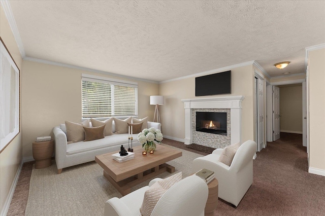 carpeted living room featuring a textured ceiling, crown molding, and a fireplace