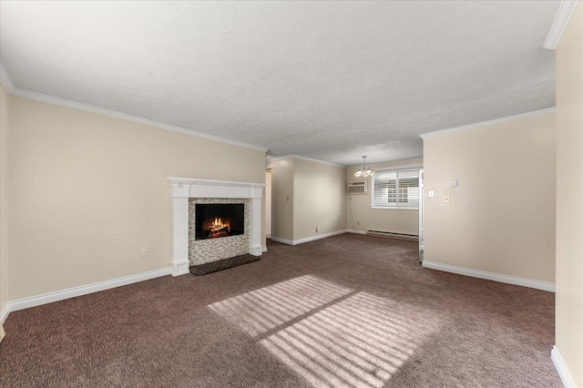 unfurnished living room featuring carpet floors, ornamental molding, and a baseboard heating unit