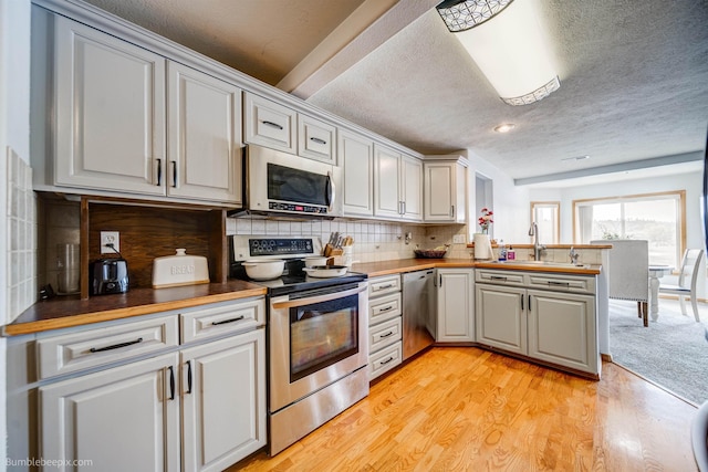 kitchen featuring kitchen peninsula, appliances with stainless steel finishes, backsplash, a textured ceiling, and sink